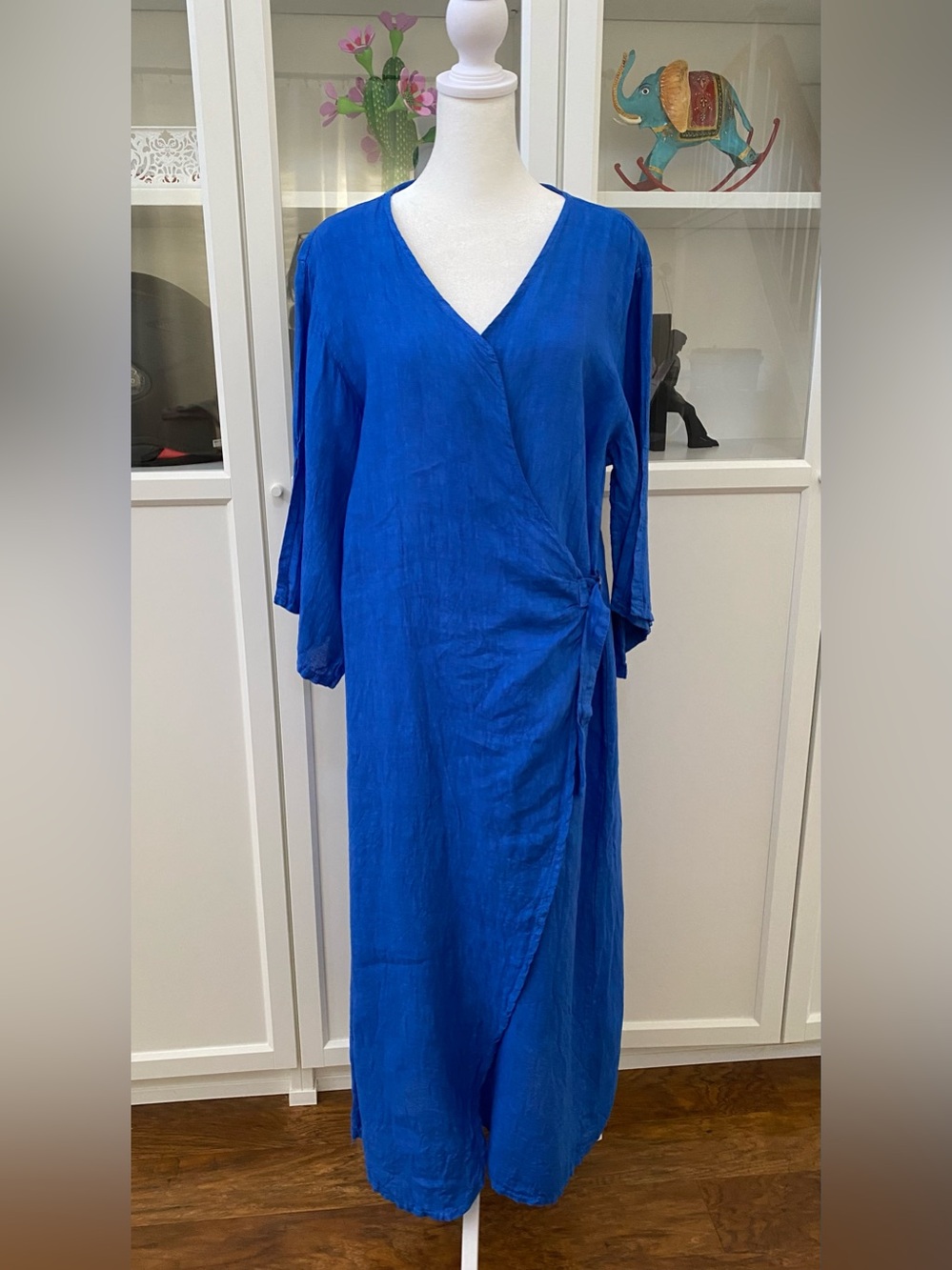 Made in Italy 100% Pure Linen Blue Midi Wrap Dress Boho Lagenlook S Oversized